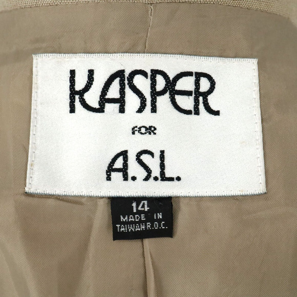 Kasper ASL Jacket Womens 14 Beige Lined Linen Blend Shoulder Pads Safari Career - Picture 3 of 16